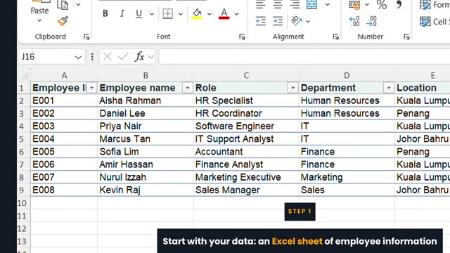 An Excel sheet of employee records, the starting point of an exercise