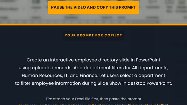 A structured Copilot prompt shown during a lesson